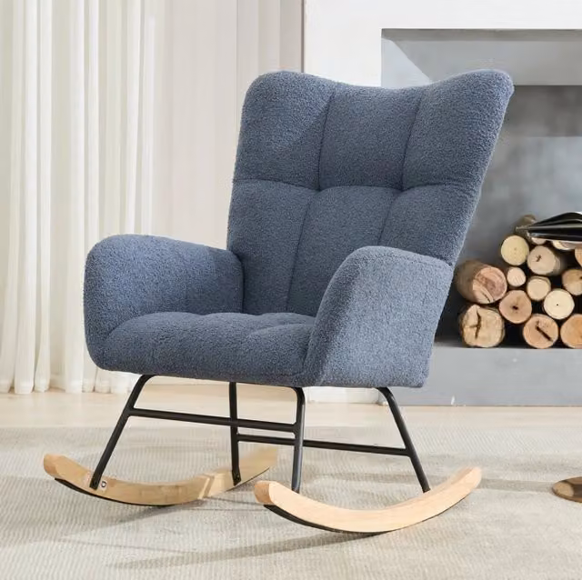 Poltrona a Dondolo in Tessuto Teddy Ergonomica Blu Navy per Cameretta e Soggiorno