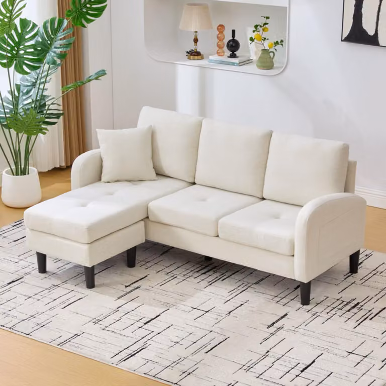 Divano ad L Merax con chaise longue, divano a 3 posti in velluto e corduroy con struttura in legno massello, divano modulare da salotto con gambe in plastica, bianco