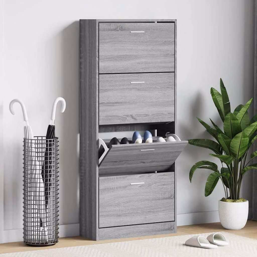 Scarpiera moderna vidaXL in legno grigio con scomparti basculanti e ripiani interni L/P/H: 63 x 24 x 147 cm
