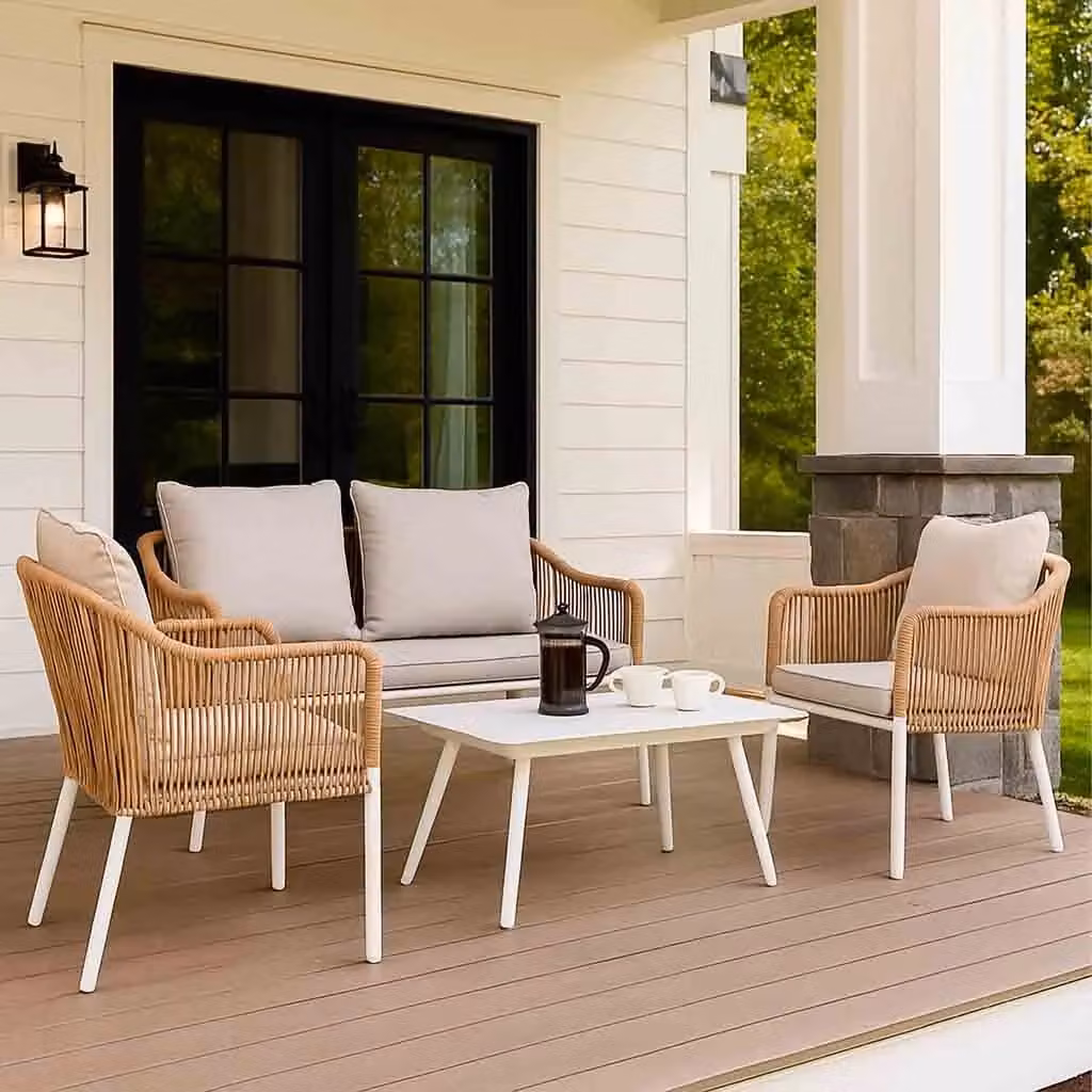 Set da esterno Wanderlust Deco composto da tavolo, divano e 2 poltrone colore beige e bianco L/P/H: 110x65x45 cm, 72x79x76 cm, 146x79x76 cm – 2