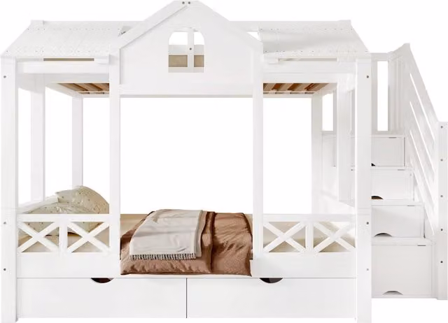 Letto a castello per bambini REDOM in legno e MDF bianco con cassetti e scala, L/P/H: 90 x 200 x 126 cm