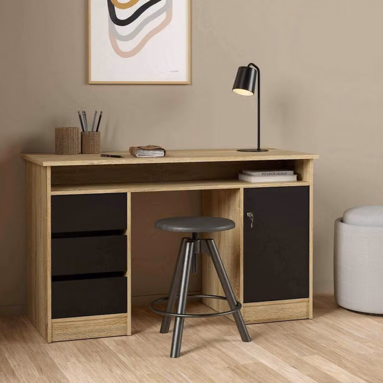 Dmora Scrivania Shanshan 55x126x75.6h cm Nero, Un'anta 3 Cassetti