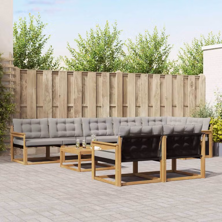 vidaXL Set di divani da esterno a forma di U composto da 9 pezzi in legno di acacia con tavolino da caffè e cuscini, Bianco, Grigio e Marrone