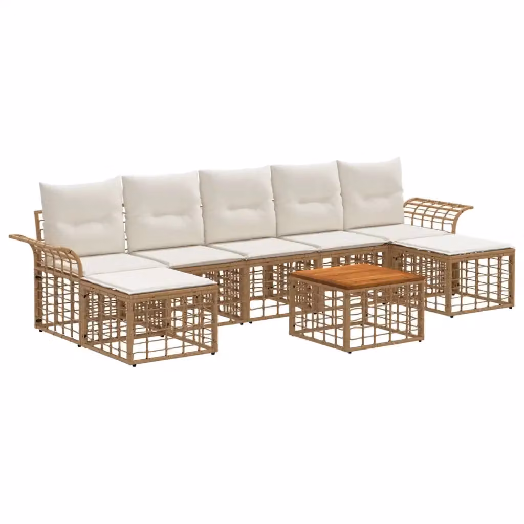 Set di divani da esterno vidaXL 8 pezzi per 7 persone in stile rustico con colori beige, bianco e marrone, compreso tavolo da caffè, pouf e cuscini in tessuto resistente ai raggi UV – 2