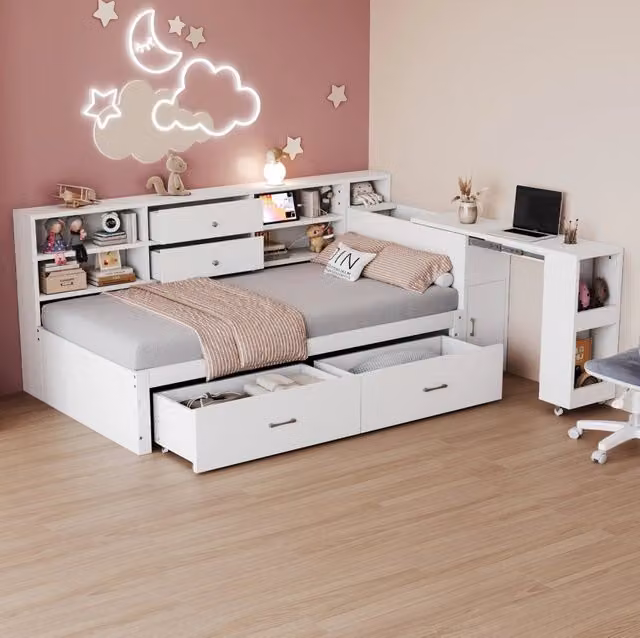 Letto singolo ULEVR 90x200 cm con scrivania estraibile, 2 cassetti, prese USB e presa elettrica, bianco
