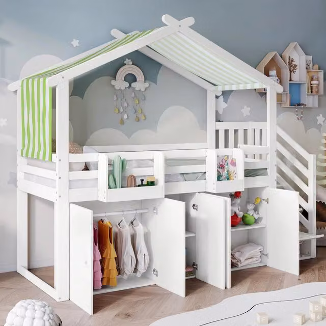 Letto a castello per bambini 90 × 200 cm con armadio, 5 vani e scala contenitore, senza materasso, bianco e verde