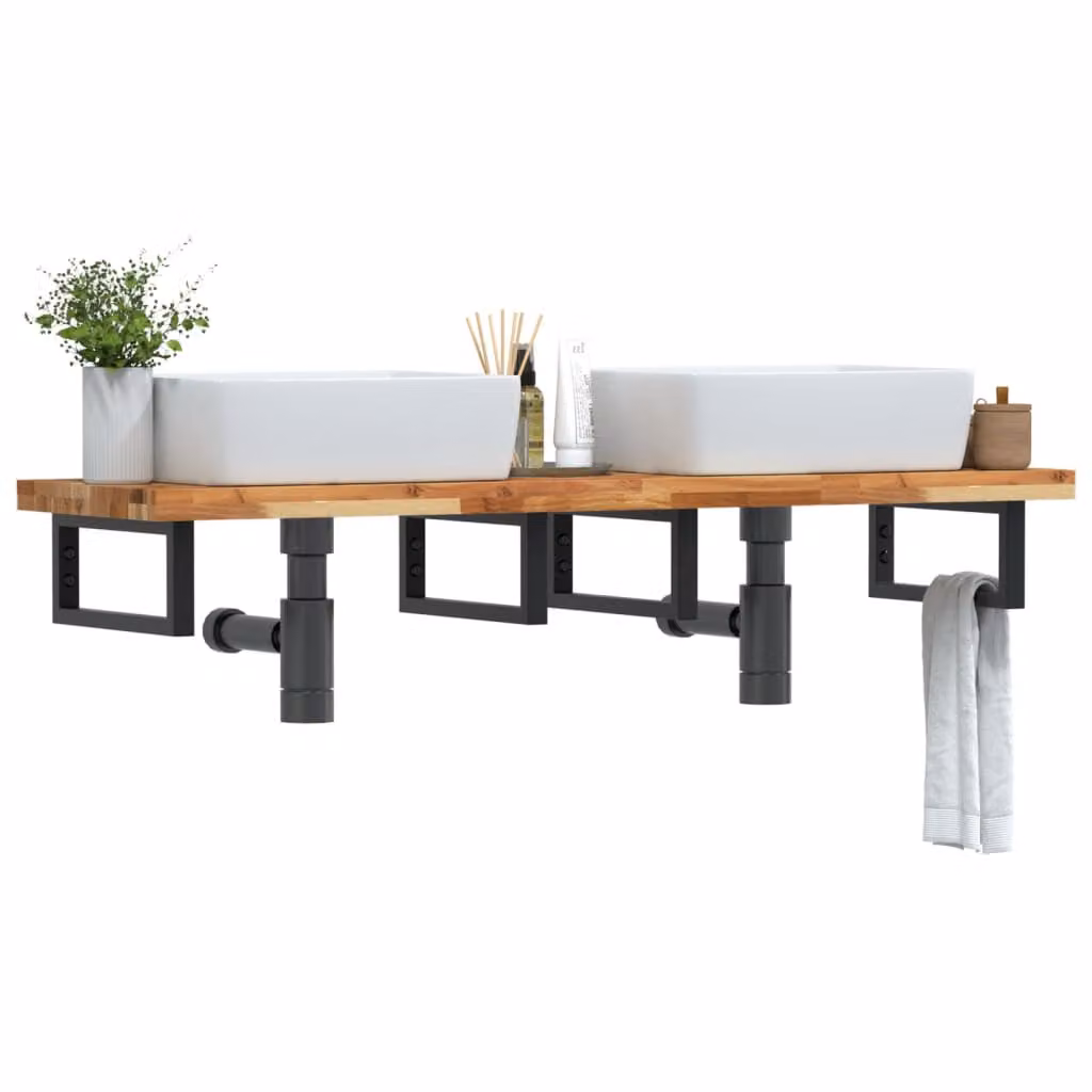 vidaXL Ripiano a Parete per Lavabo in Accacia e Metallo, Nero e Marrone, L: 40 cm, P: 19 cm, H: 5 cm