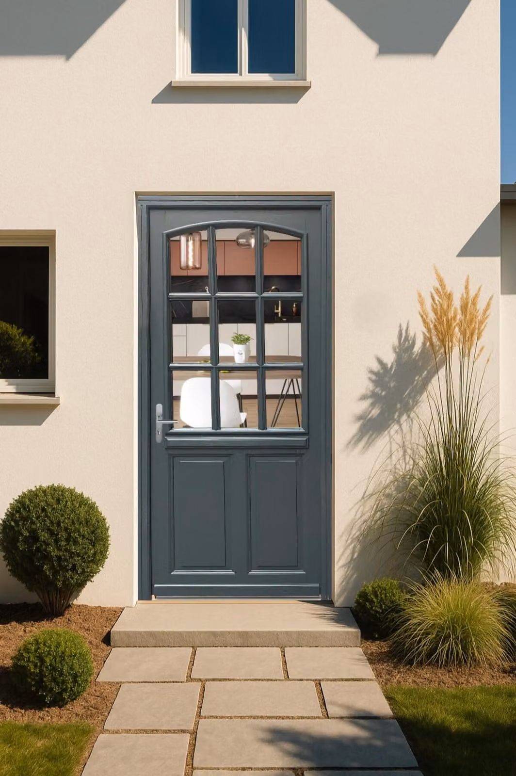 Porta d'ingresso in legno con vetro Alexa grigio antracite, H.215xL.80 cm, lato tavolo, a destra, maniglia, cilindro GD MENUISERIES