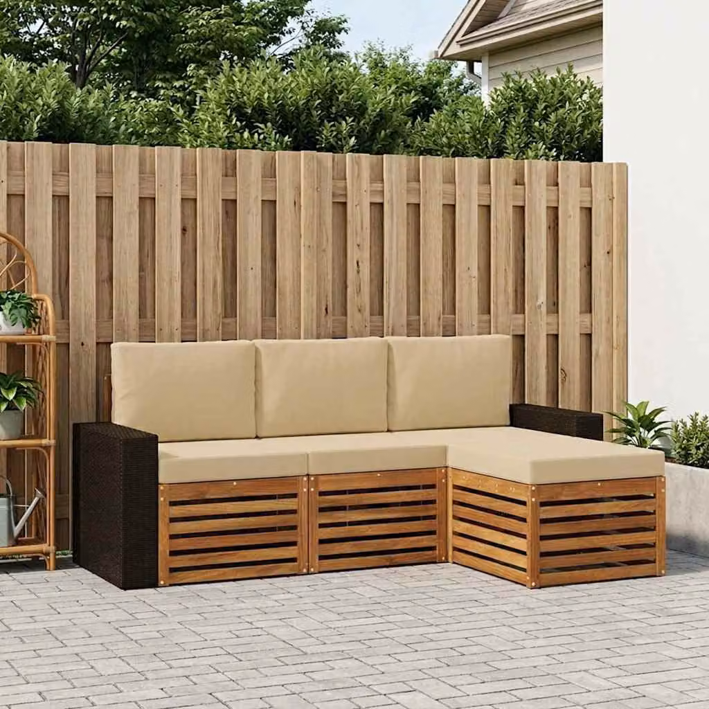 Set di divani da esterno vidaXL 4 pezzi in legno di acacia con cuscini, colore beige e marrone, design moderno a forma di L per giardino e terrazza