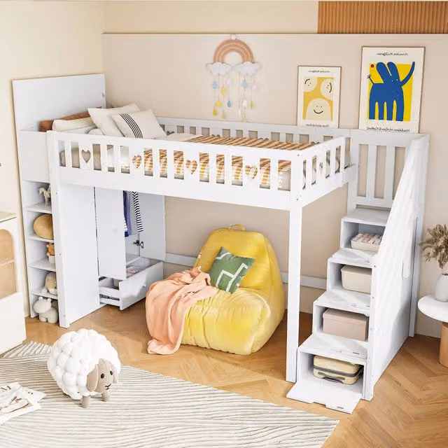 Letto a soppalco singolo 90 × 200 cm con scala contenitore, ripiani e armadio pieghevole, senza materasso, bianco