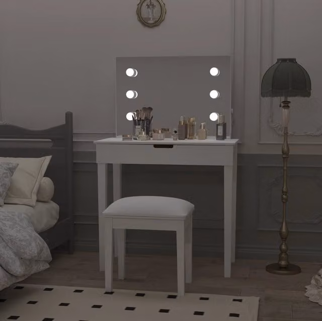Toeletta MODFU Hollywood bianca con specchio LED a 6 luci, sgabello e 2 cassetti con prese USB e Type-C