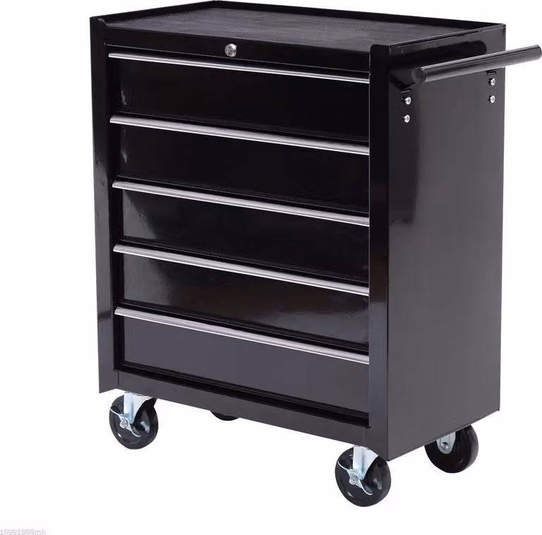 Carrello da officina, vuoto, carrello portautensili, chiudibile a chiave con 5 cassetti, 2 chiavi, tappetini antiscivolo, armadio portautensili con maniglia, nero