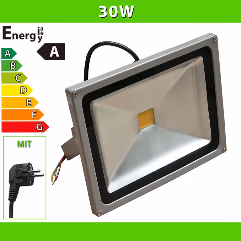 LEDVero® Lampada da lavoro a LED da 30 Watt, faretto, proiettore per cantieri, con spina, colore argento, luce bianco caldo