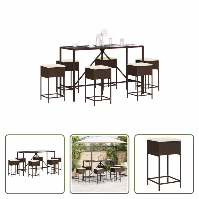 The Living Store Set bar da giardino 7 pezzi con cuscini in poly rattan marrone