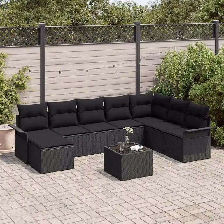 Set Divano da Giardino Moderno vidaXL in Polyrattan Nero con Cuscini e Tavolino da 9 Pezzi