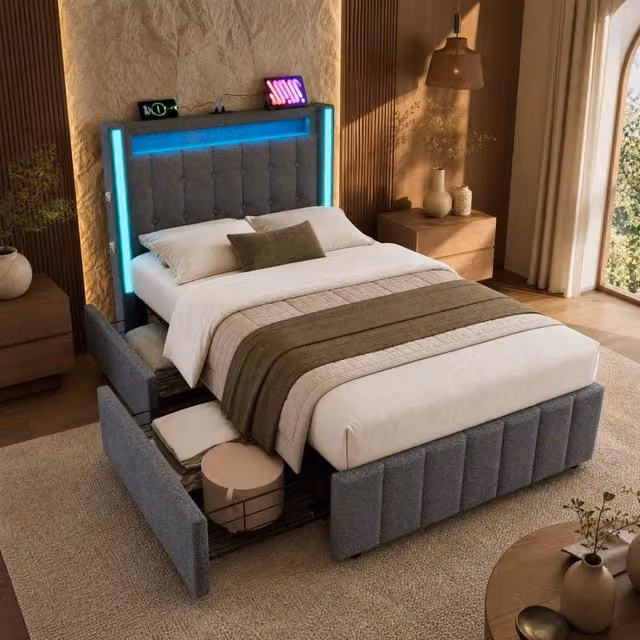 Letto singolo imbottito ULEVR 90x200 cm con LED, 3 USB e Type-C, 2 cassetti, lino grigio