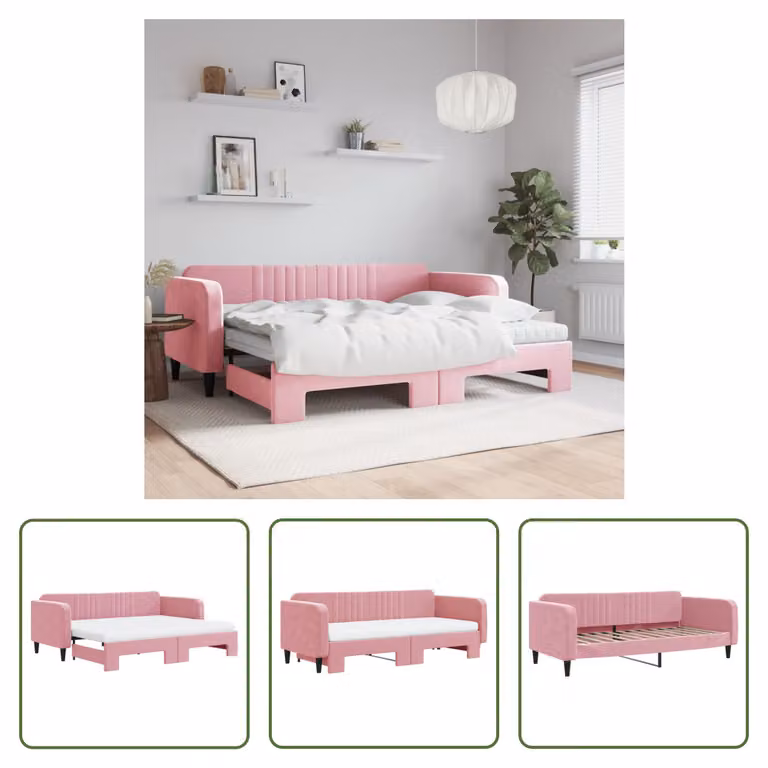 The Living Store Lettino allungabile con materassi Rosa 90x200 cm in velluto