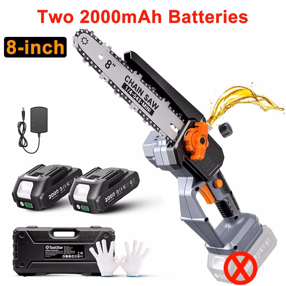 Troncatrice a batteria - Mini motosega - 20 V - Motore brushless da 1000 W - Lama da 20,3 cm - 2 batterie da 2000 mAh - Lubrificazione automatica della catena - Spina di tipo europeo