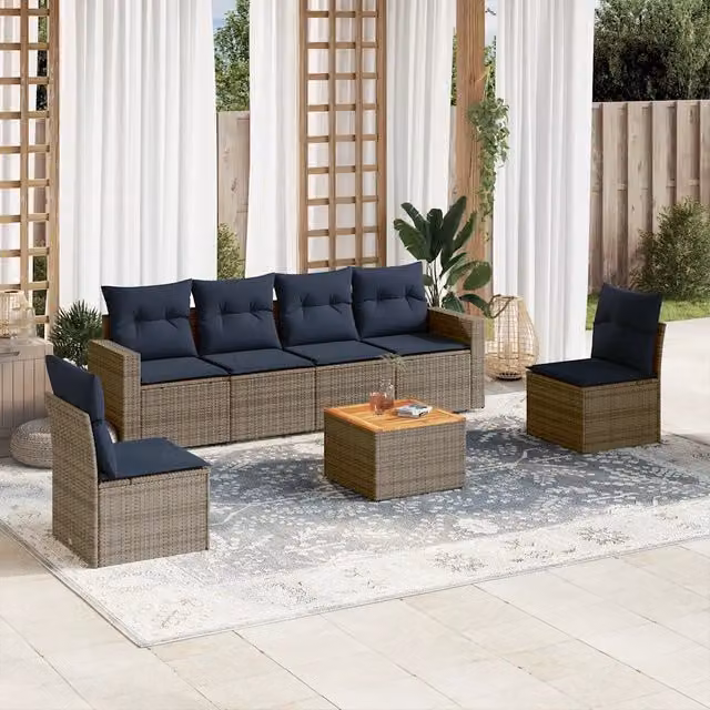 Set Divani da Giardino 7 pz con Cuscini Grigio in Polyrattan 3256404
