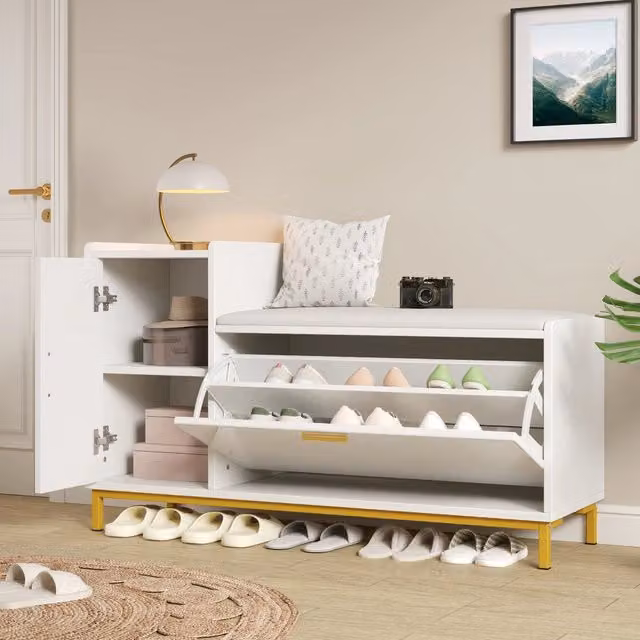 Scarpiera con panca imbottita Mivray con 2 ripiani e anta a ribalta, finitura lucida bianca e oro, L 100 cm x P 38 cm x H 68 cm