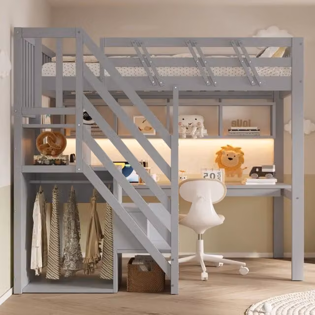 Desviae Letto a soppalco per bambini 90 × 200 cm con scrivania scale contenitore LED prese elettriche grigio legno