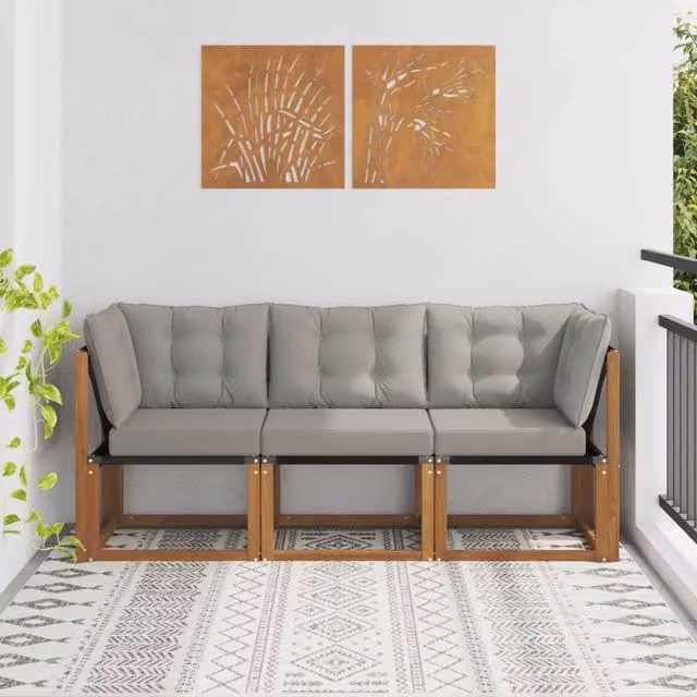 Set di divano modulare da esterno e angolare vidaXL in legno di acacia con cuscini in tessuto beige e grigio – 1