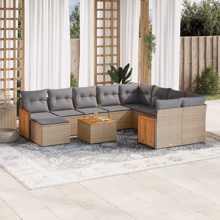 vidaXL Set Divani da Giardino 11 pz a L in Polyrattan con Cuscini Beige e Tavolino da Esterno