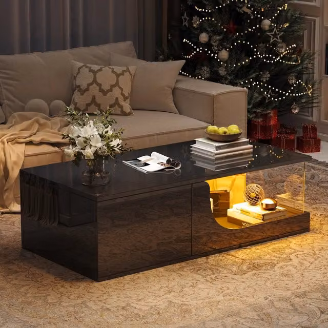 Tavolino da Salotto 100x50x30 cm in MDF Lucido e Vetro Temperato, Nero, con 2 Cassetti e LED