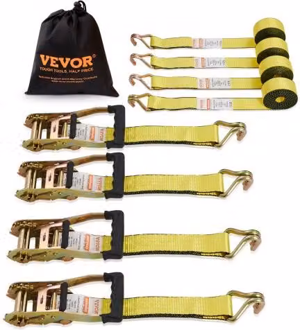Kit di 4 cinghie di ancoraggio con cricchetto VEVOR in poliestere giallo, resistenza alla rottura 2268 kg, dimensioni 0,05 x 4,6 m