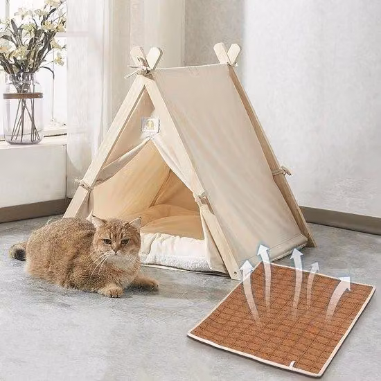 Tenda per animali domestici, tenda per cani e gatti, tenda con materasso impermeabile per animali domestici e base in bambù, pieghevole, 63 x 56,5 x 61 cm
