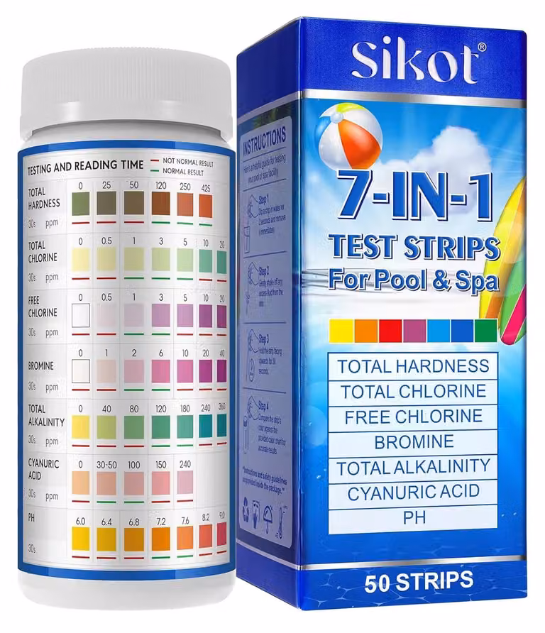 Kit per l'analisi dell'acqua della piscina, 7 in 1, con 50 strisce reattive per la misurazione del pH, del cloro e dell'alcalinità, ideale per la cura dell'acqua in piscina e in giardino