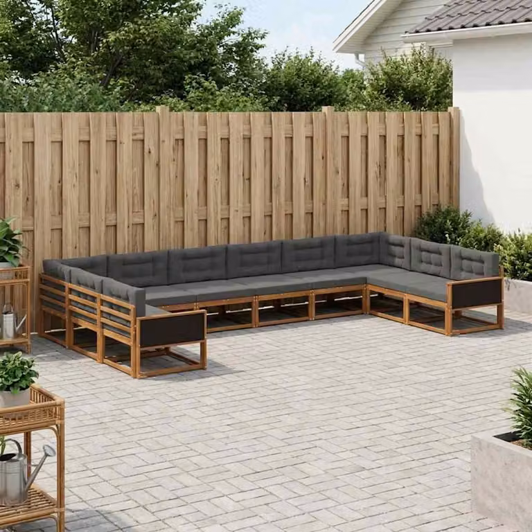 vidaXL Set di divani da esterno a forma di U in legno di acacia con cuscini, Naturale e Antracite