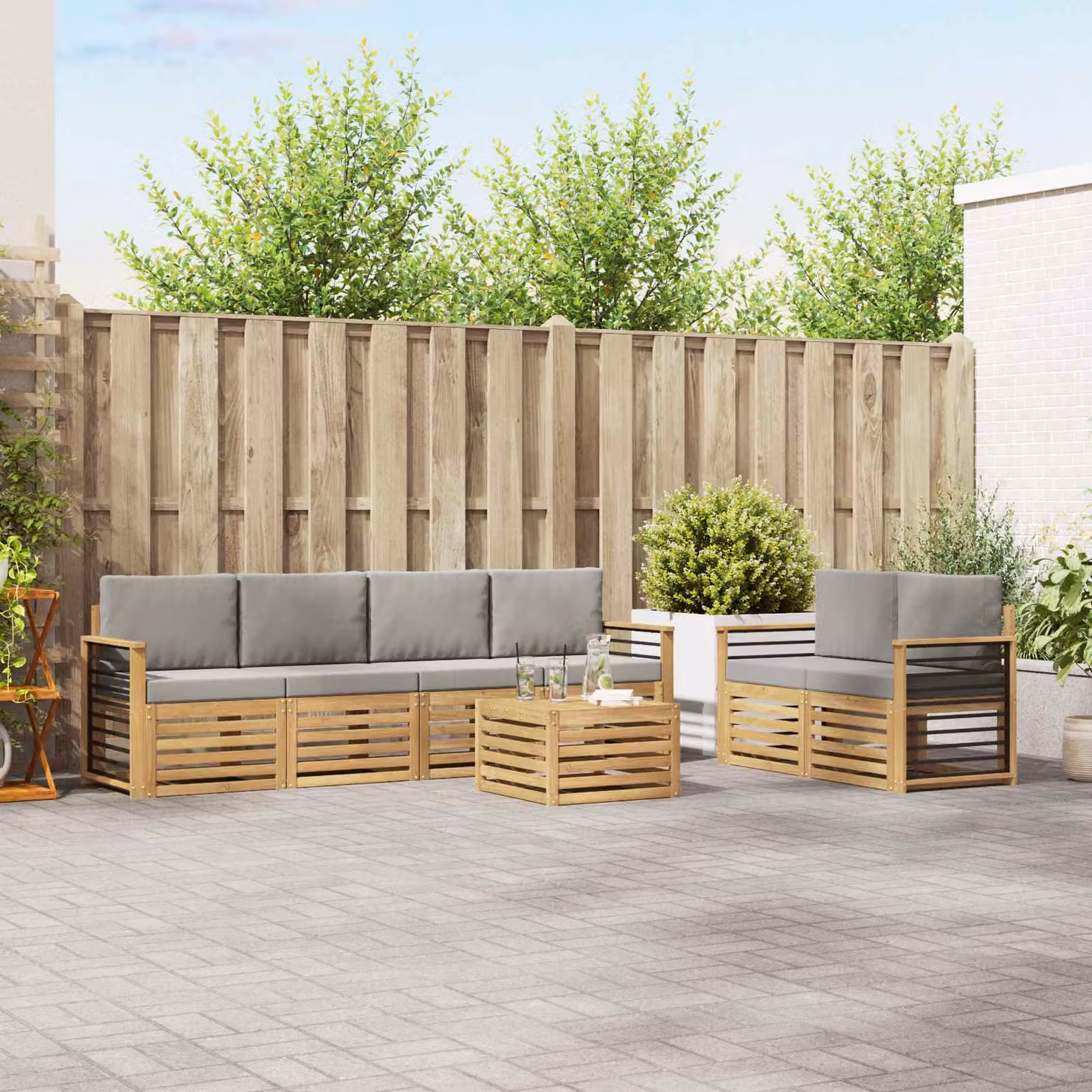 Set di divani da esterno vidaXL 7 pz in legno di acacia con cuscini, modello a L moderno, colori marrone e grigio
