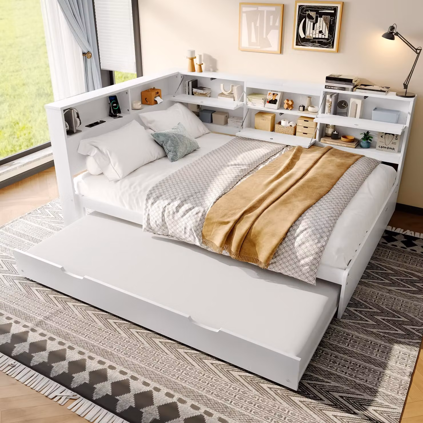 MODFU divano letto 140x200cm letto per ragazzi senza materasso, letto estraibile per bambini con contenitore e dotato di USB+Tipo C, bianco