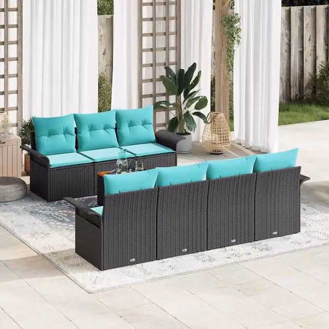 Set Divano da Giardino 8 pz 7-Numero di posti Nero e Turchese 3355960