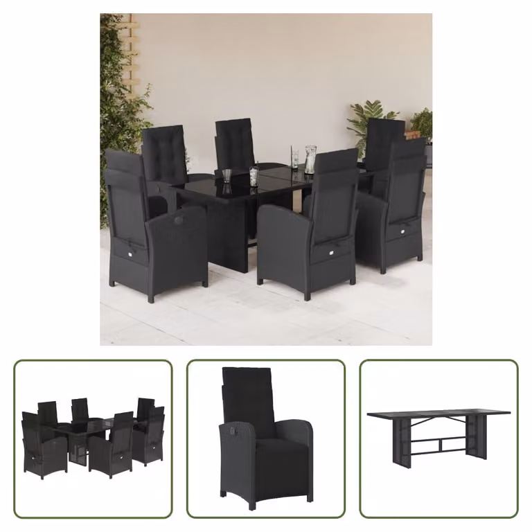 The Living Store Set da pranzo da giardino 7 pezzi con cuscini in polirattan nero