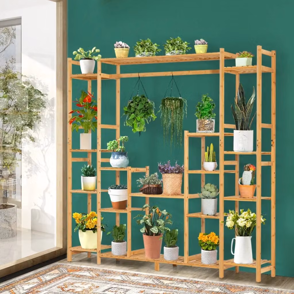 Scaffale per piante in bambù a 9 livelli con barra per appendere, colore marrone naturale, L/P/H: 167 x 30 x 166 cm – 2