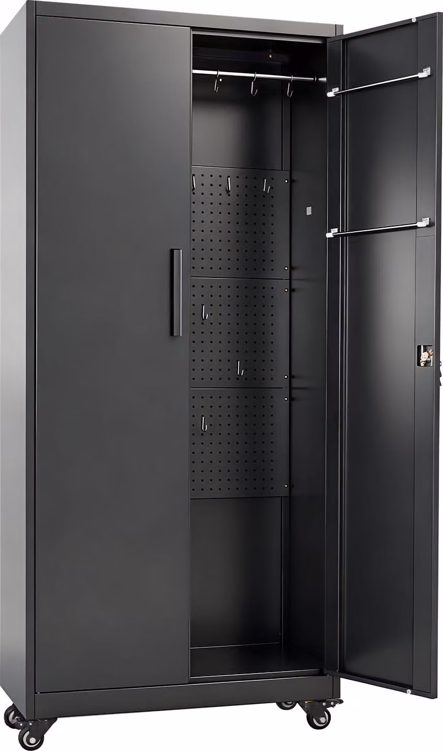 Armadio metallico SucceBuy a 5 ripiani, armadio mobile con ripiani regolabili, doppie ante magnetiche, appendiabiti e ganci: ideale per dispensa, ripostiglio o cantina.