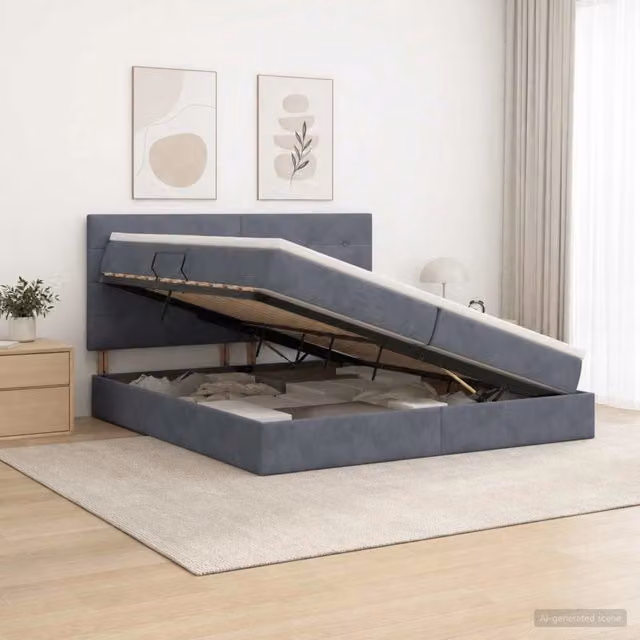 Letto con contenitore e illuminazione LED vidaXL in tessuto grigio, L/P/H: 200 x 200 x 140 cm