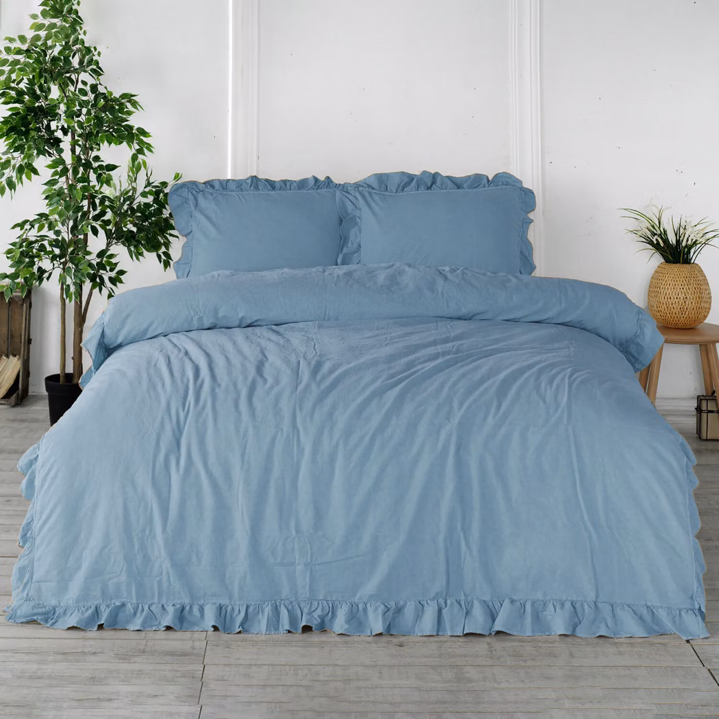 Copripiumino Limasso in cotone 200x220 blu con volant tinta unita scatola Stonewashed Blu