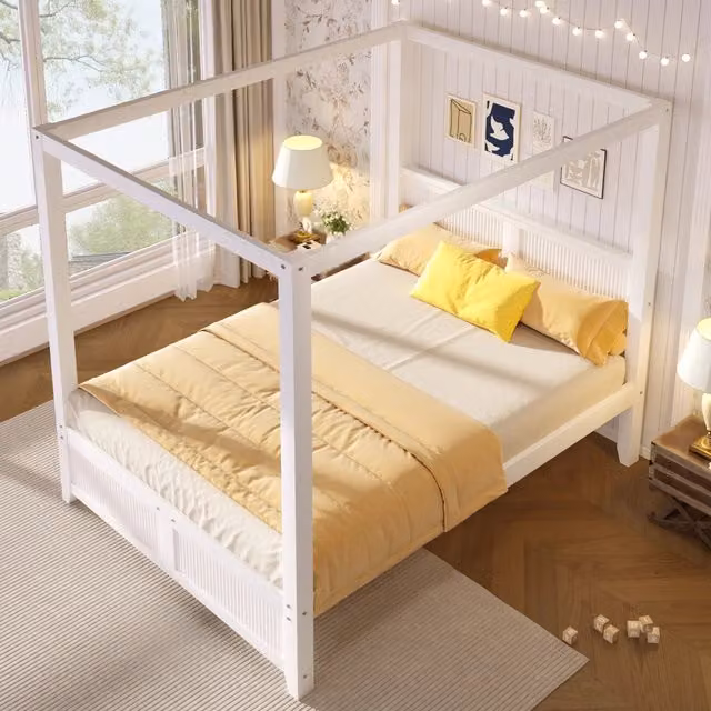 Letto a baldacchino 140x200 cm in legno di pino e MDF bianco con doghe verticali