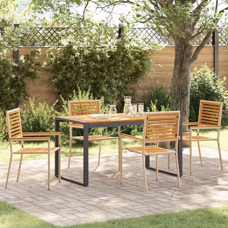 Set da pranzo per giardino e terrazzo vidaXL in polyrattan da 5 pezzi, colori beige e marrone con tavolo in legno di acacia