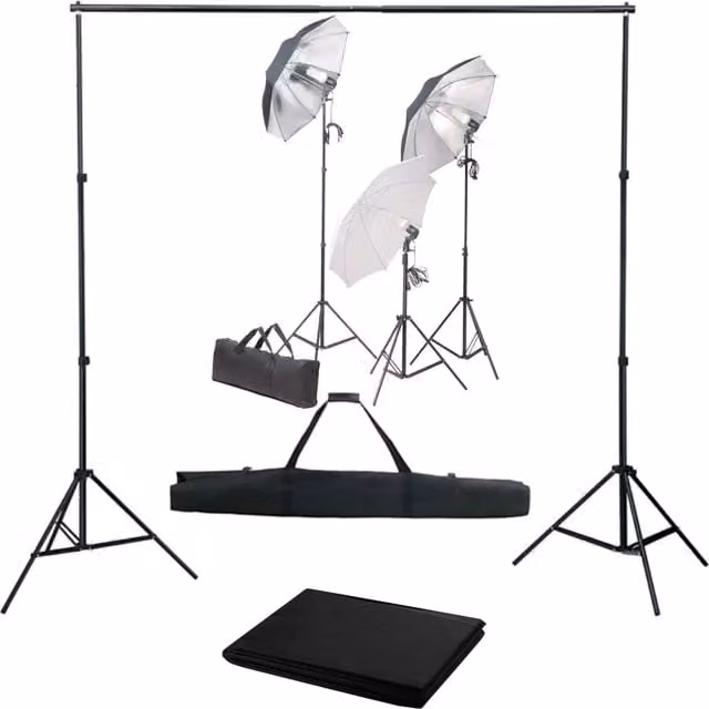 Kit professionale per studio fotografico con set di illuminazione regolabile e fondale nero in tessuto