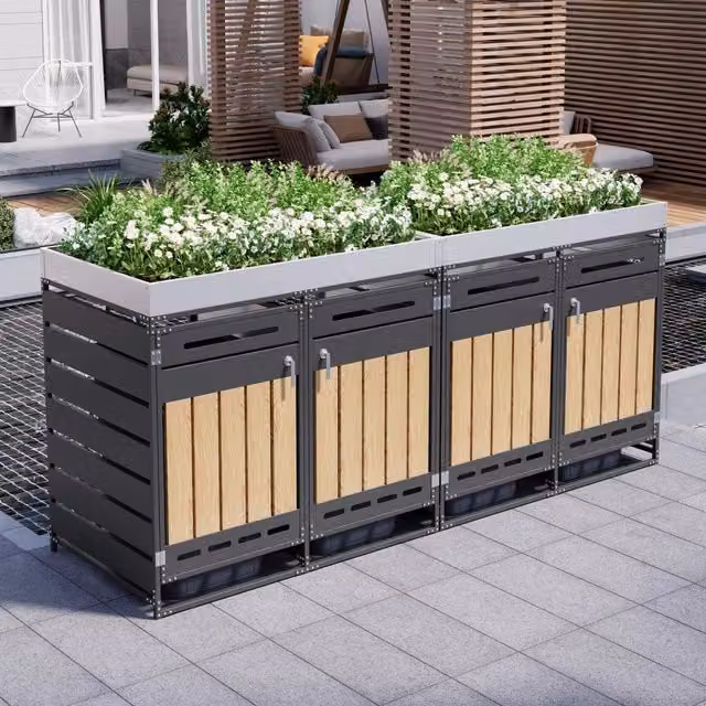 Set 4 box per bidoni con fioriera, armadio da giardino in ferro con serratura, pannelli effetto legno verticale, ventilazione a fessure lunghe