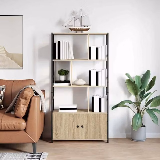 Libreria a scala vidaXL in legno e metallo marrone, design moderno per soggiorno o ufficio, L 80 x P 30 x H 155,5 cm
