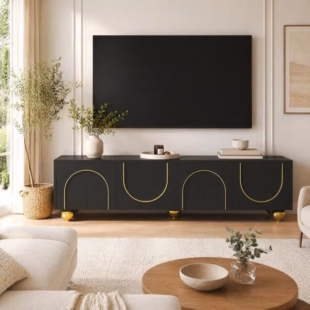 Mobile TV in truciolato nero con dettagli dorati e ante con meccanismo push-to-open 170x38x44 cm