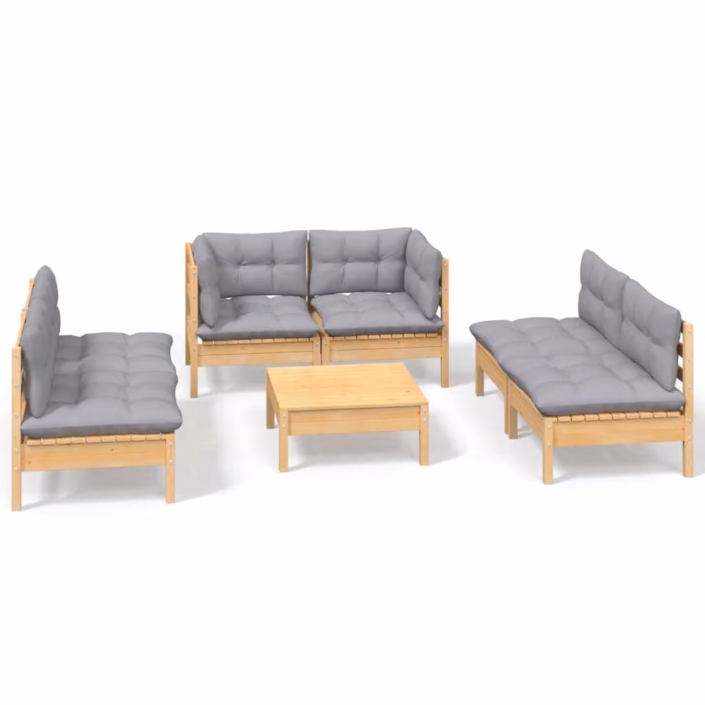 Set Divani da Giardino 7 pz con Cuscini Grigi Massello di Pino