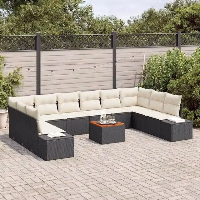 Set Divano da Giardino vidaXL a Forma a U in Polyrattan Nero con Cuscini e Tavolino da Esterno