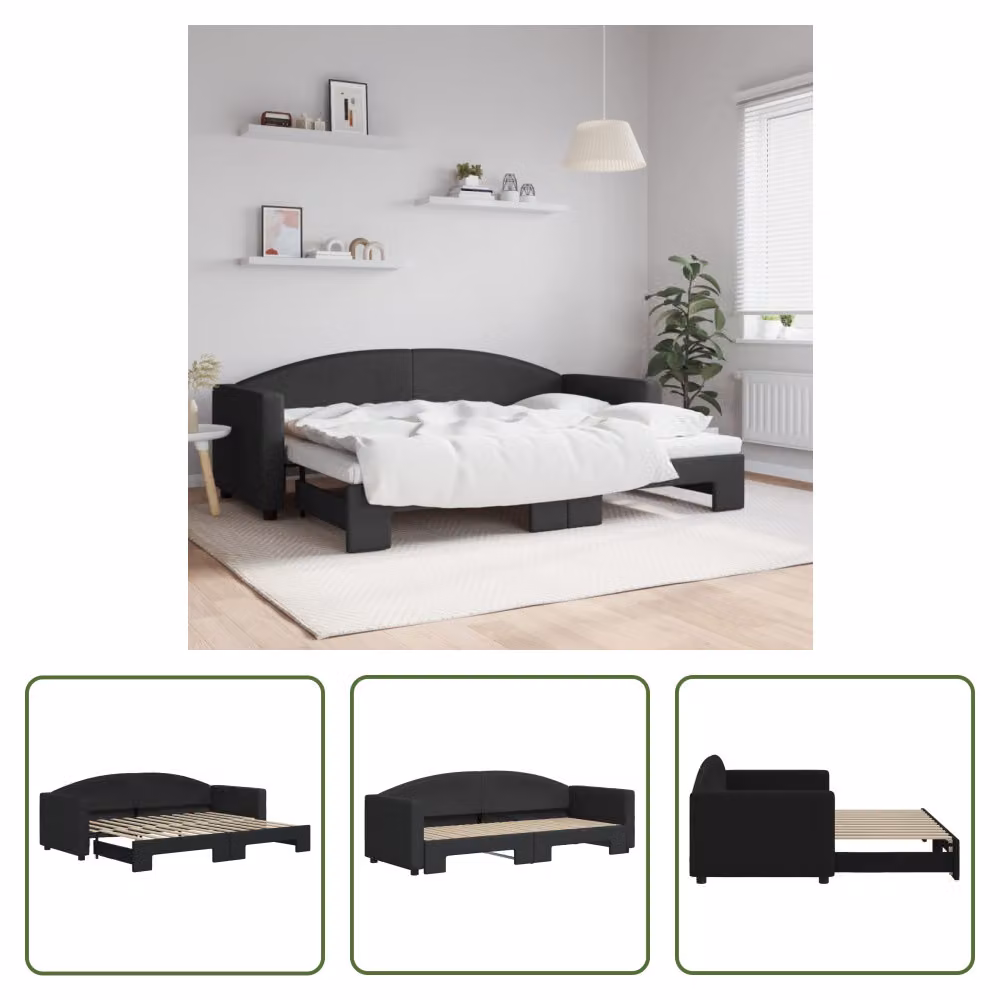 The Living Store letto da giorno allungabile nero 80x200 cm in tessuto