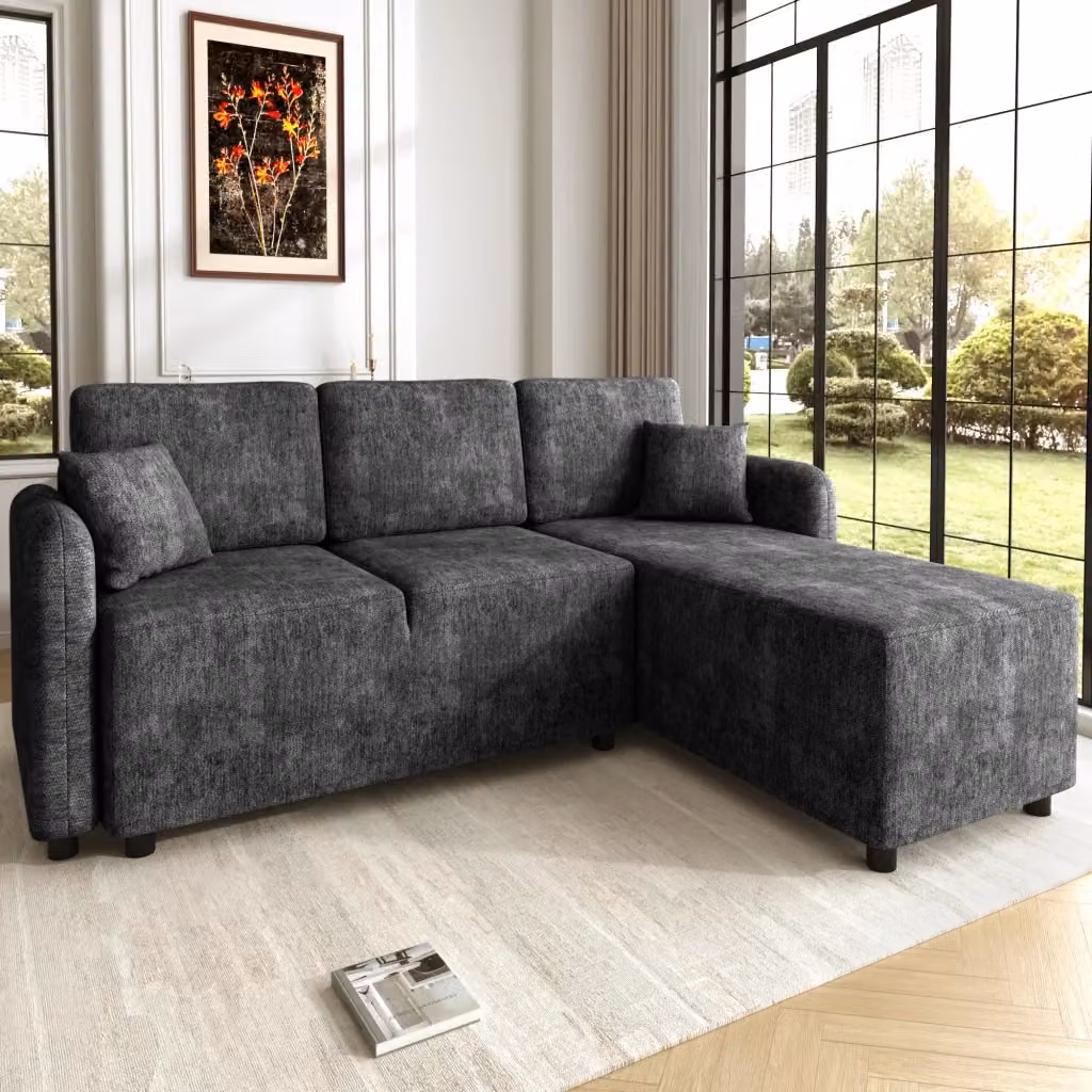 Divano angolare a 3 posti REDOM con zona relax, rivestimento in tessuto nero e 2 cuscini inclusi – 2
